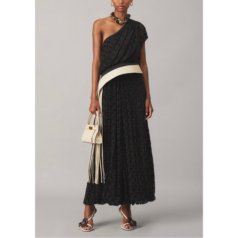 NWT Tory Burch Maxi Silk-Blend Pleated One-Shoulder Devoré Dress